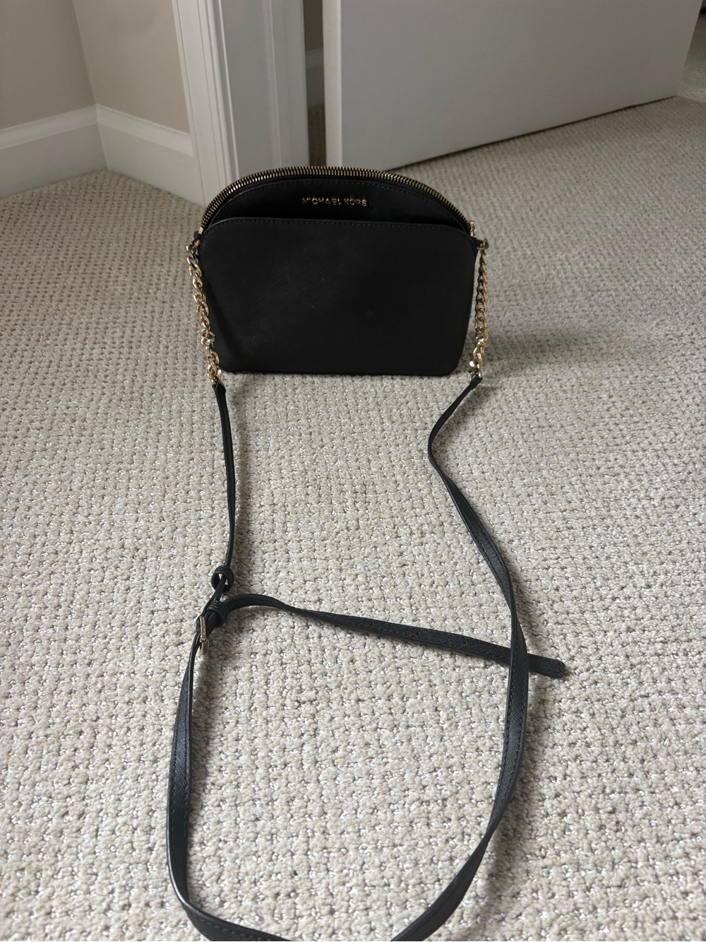 Michael Kors Black Leather Dome Crossbody with Gold Chain Strap